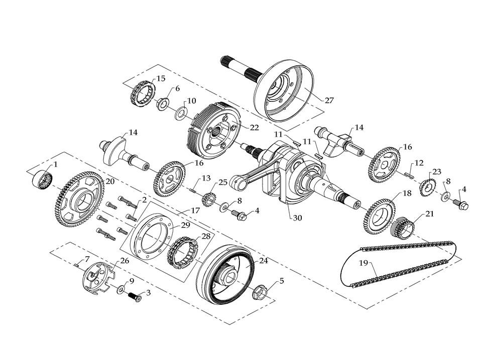 Схема Коленвал, обгонная муфта, диск сцепления